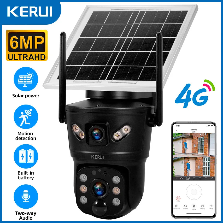 KERUI Outdoor 6MP 4G SIM WIFI Solar Kamera Dual Objektiv Kamera Solar Panel Wasserdicht Home Security CCTV Video überwachung V380