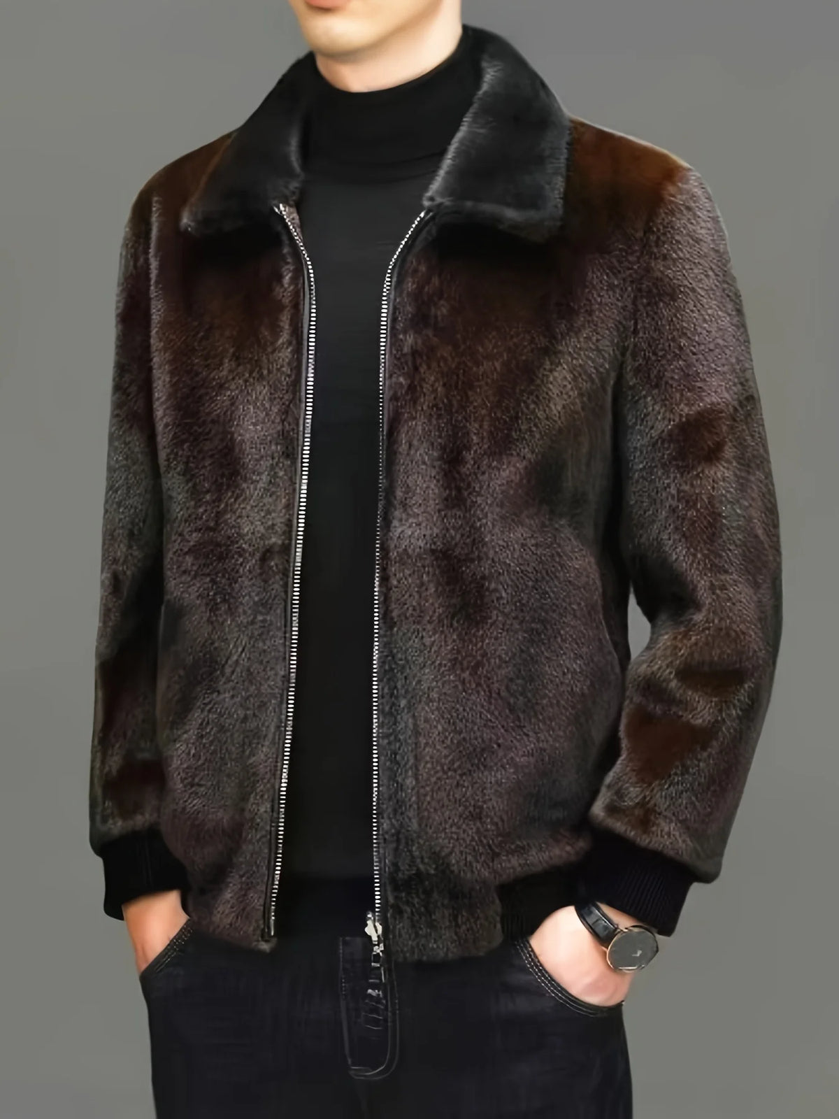 Übergroße Herren-Kunstpelzjacke, Kunstnerz-Mantel, Verdickter Warmer Oberteil, Revers-Nerzjacke, Herbst- und Winterstil