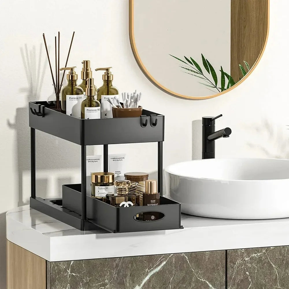 2-stufiger verschiebbare Aufbewahrungskorb unter der Spüle, multifunktionales Organizer-Rack mit Haken, hängende Tasse, platzsparend für Badezimmer und Küche