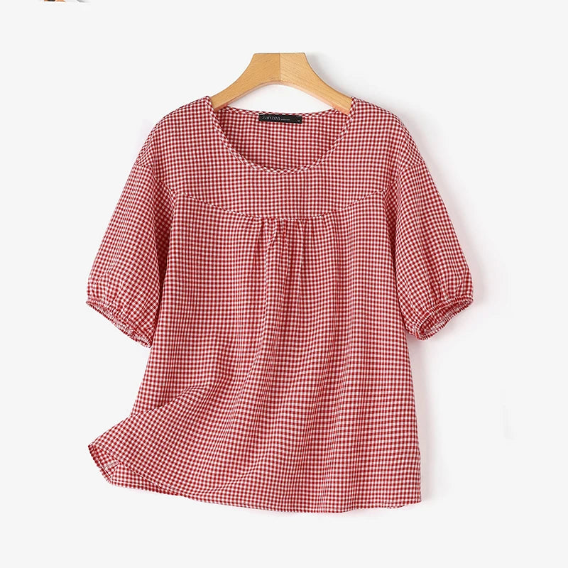 ZANZEA Sommer Vintage Frauen Casual Lose Hemd Baggy Plaid Kariert Tops Tunika Mode O Hals Kurzarm Bluse Blusas Chemise