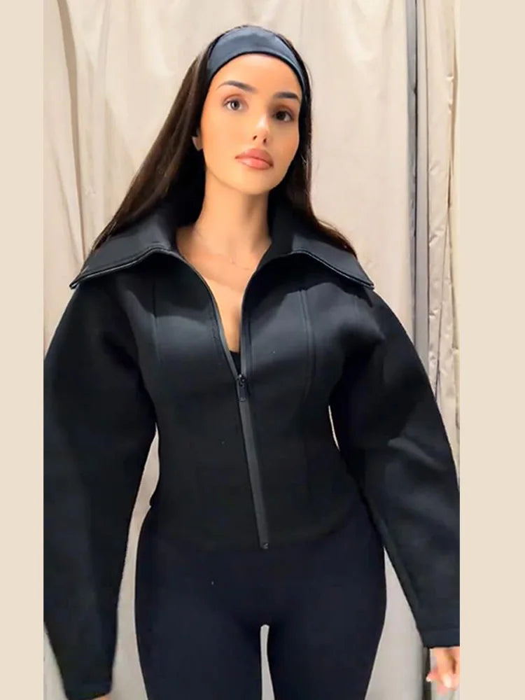 Damen Schwarze Reißverschluss-Jacke mit Revers, Eleganter Langarm-Cropped-Mantel mit Taillierung, Frühjahr 2026, Schicke Lässige Streetwear-Oberbekleidung