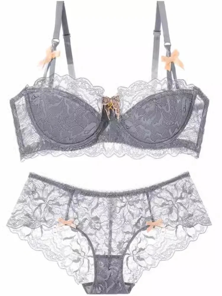 Sexy Push-up-BH-Set aus französischer Spitze für kleine Brüste, Anti-Durchhänger-Dessous-Set mit halben Körbchen und Höschen, durchsichtige verstellbare Träger