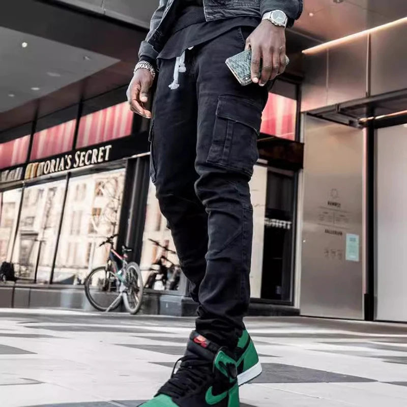 Stilvolle Flut Marke Männer Cargo Schmale Bein Denim Hosen Elastische Slim Fit Jeans Einfarbig Multi Taschen Beiläufige Dünne Männliche Hosen