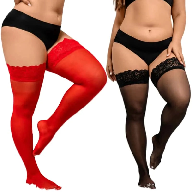 NEWJOINFUN Plus große Größe Spitze Anti-rutsch Strümpfe Frauen Sexy Oberschenkel Hohe Knie Ultra-dünne Fishnet Lange Socken schwarz Strumpf XXXL
