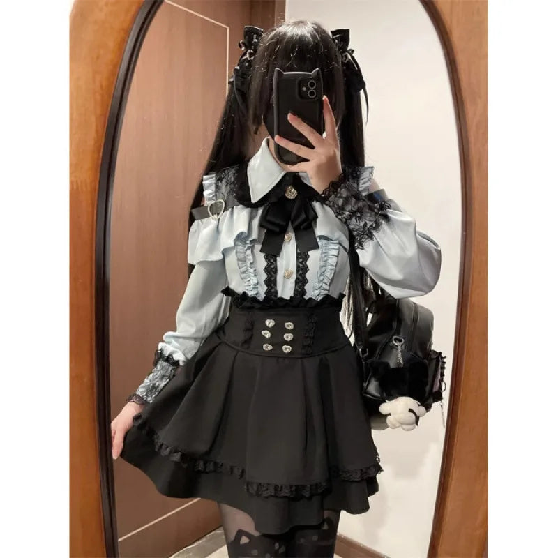 Damen-Lolita-Set, dunkles Femme-Mesh-Oberteil und Taillenrock, 2025, japanischer Herbst-Street-Style-Koord für Gothic-Baddie-Mode