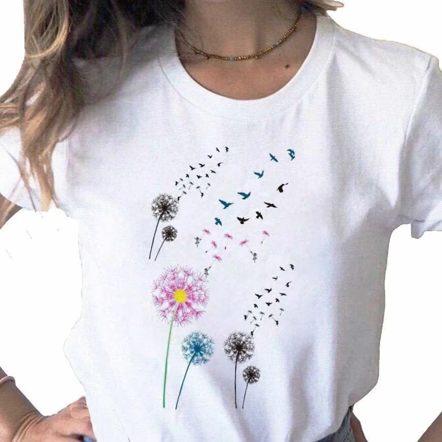 Neue Löwenzahn gedruckt Frauen T-Shirt Cartoon Grafik gedruckt schwarz Damen T-Shirt lässig Frau Shirt lustige T-Shirts