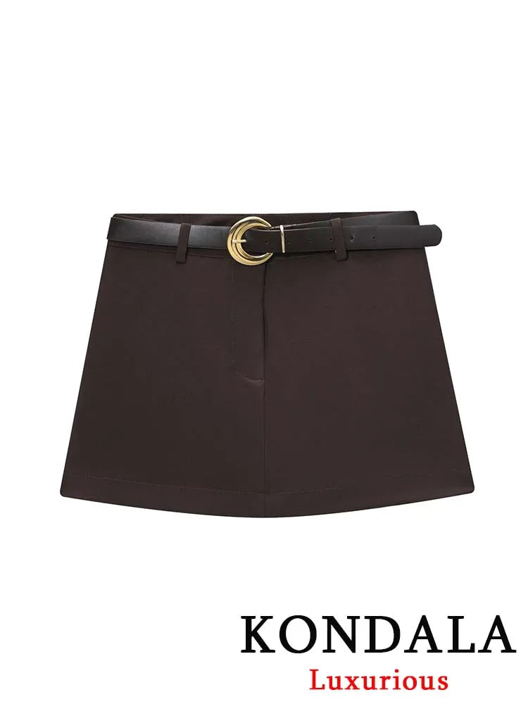 KONDALA Bürodame, schokoladenbraun, Damenanzüge, V-Ausschnitt, Doppelknopf, Blazer, Gürtel, Mini-Shorts, Rock, Mode, 2025, Vintage-Sets