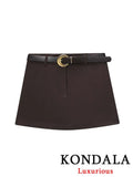 KONDALA Bürodame, schokoladenbraun, Damenanzüge, V-Ausschnitt, Doppelknopf, Blazer, Gürtel, Mini-Shorts, Rock, Mode, 2025, Vintage-Sets