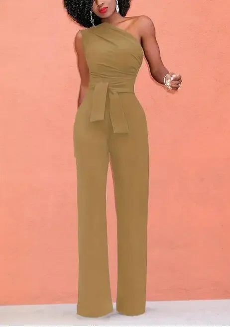Damen-Overall, einfarbig, Skew-Kragen, bauchfreies Top, gerade Hosen, Gürtel, sexy, ärmellos, lockere Hosen, elegante, charmante Playsuits 2024
