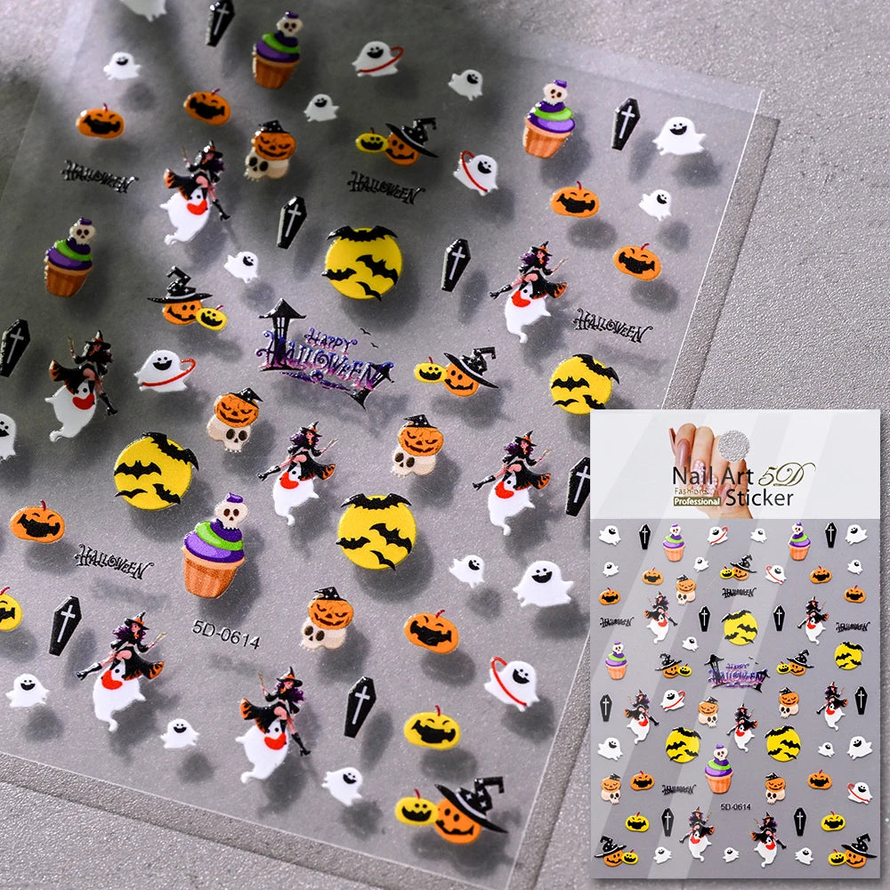 5D Halloween Geist Fledermaus Kürbis Nagel Aufkleber Glänzende Spinne Skelett Vintage Kreuz Nagel Aufkleber Halloween Gruselige Nagel Slider Decora