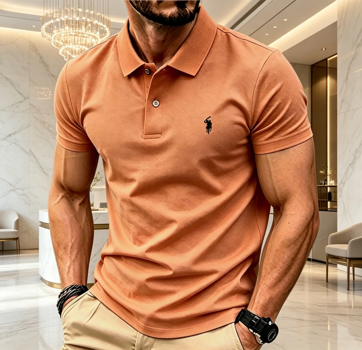 Herren Einfarbiges Poloshirt Regular Fit Business Casual Kurzarm-Oberteil mit Kleiner Pferde-Stickerei auf der Brust