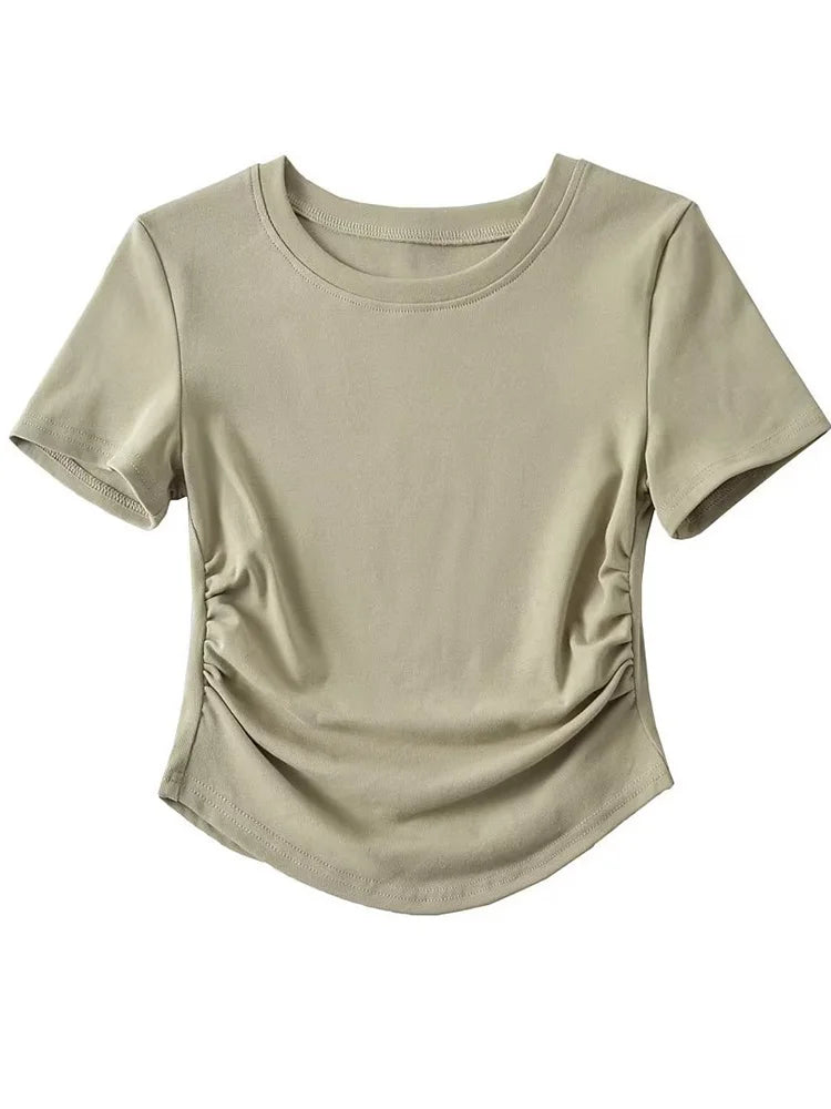 Harajuku Damen-T-Shirt aus Baumwolle mit Rundhalsausschnitt und gerüschten Seitendetails