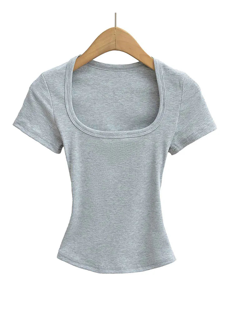 Damen Square Collar Slim Fit Crop Top High Stretch Kurzarm Pullover Sexy Sommerbluse T-Shirt Bottoming