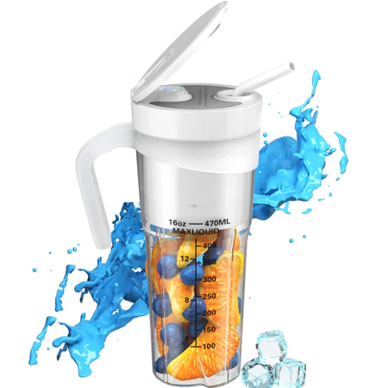 Tragbarer elektrischer Entsafter, USB-wiederaufladbar, multifunktionaler Mixer, Entsafterbecher, geeignet für Saft, Milchshakes, 6-Klingen-Schneider, 470 ml