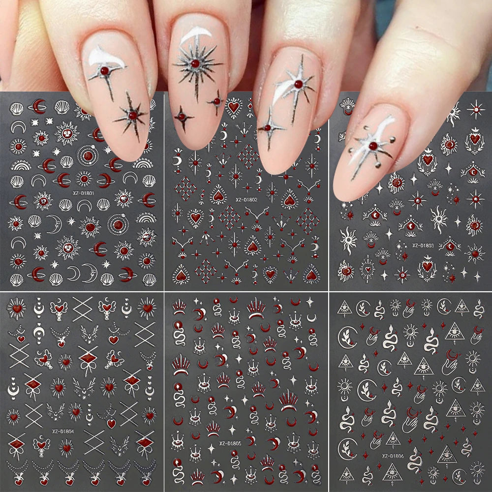 6 Stück 3D Blaue Herz-Nagelaufkleber Bronzierte Gold Silber Stern Mond Sonne Selbstklebende Slider Y2K Nagelkunst Abziehbilder Maniküre Dekoration