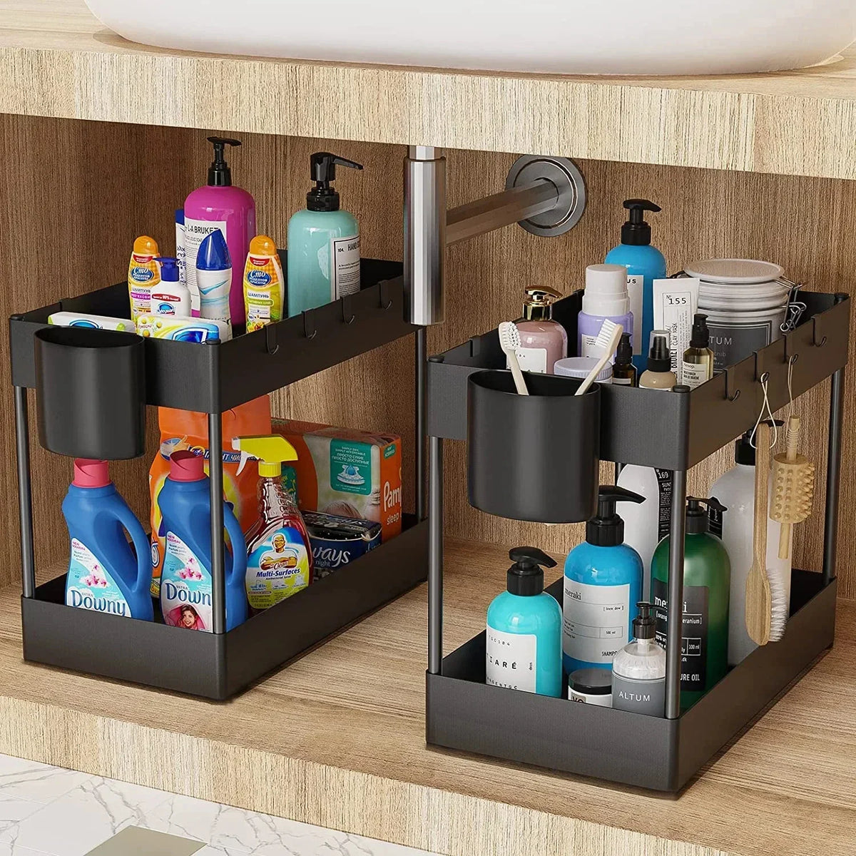 2-stufiger verschiebbare Aufbewahrungskorb unter der Spüle, multifunktionales Organizer-Rack mit Haken, hängende Tasse, platzsparend für Badezimmer und Küche