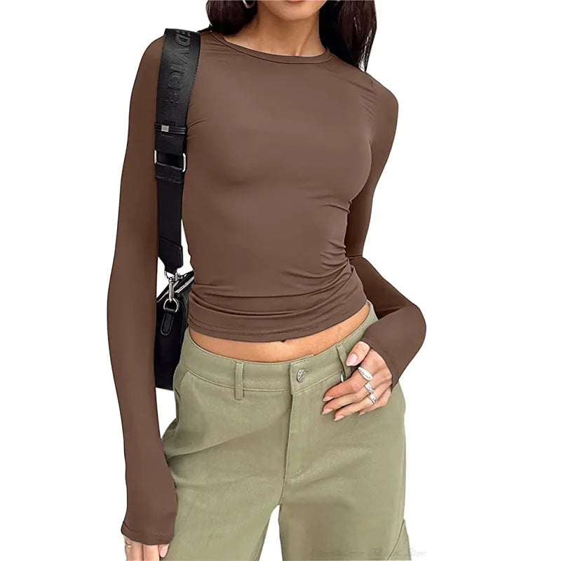 2024 Frühling Herbst Frauen y2k rosa T-Shirt kausal Langarm Crop Tops o Hals Pullover Basis T-Shirts Bodycon Slim Fit T-Shirt