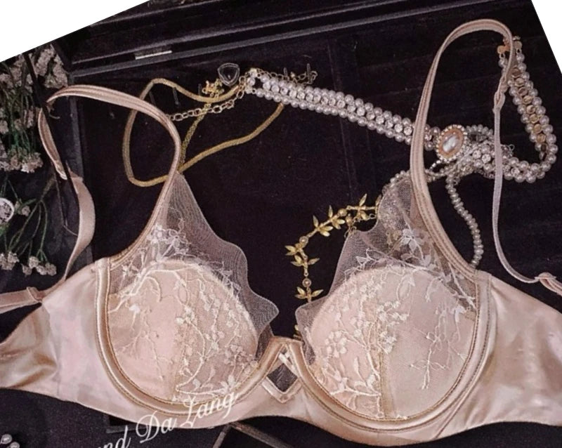 Sexy Spitzen-BH und Höschen-Set, Push-Up-Minimizer, tiefer Bügel, Demi-Cup für Damen, Partykleidung, durchsichtiges Push-Up-Minimizer-BH-Set aus Satin