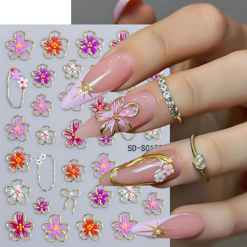5D Luxus Gold Outline Kirschblüten Nagelaufkleber Chrom-Rahmen Schleife & Blüten Nagelsticker Selbstklebende Nagelschleifer Maniküre DIY