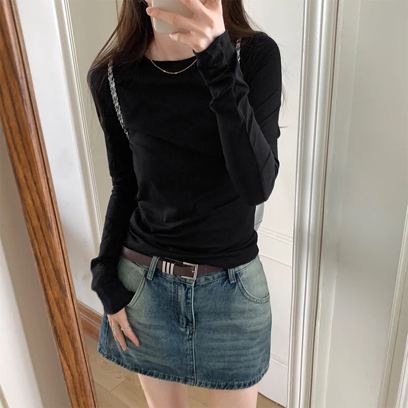 Frühling Herbst T shirt Frauen Tops Solide Langarm Geraffte O Neck T-shirts Weiblichen Koreanischen Casual Streetwear Hohe Qualität Basis Tees