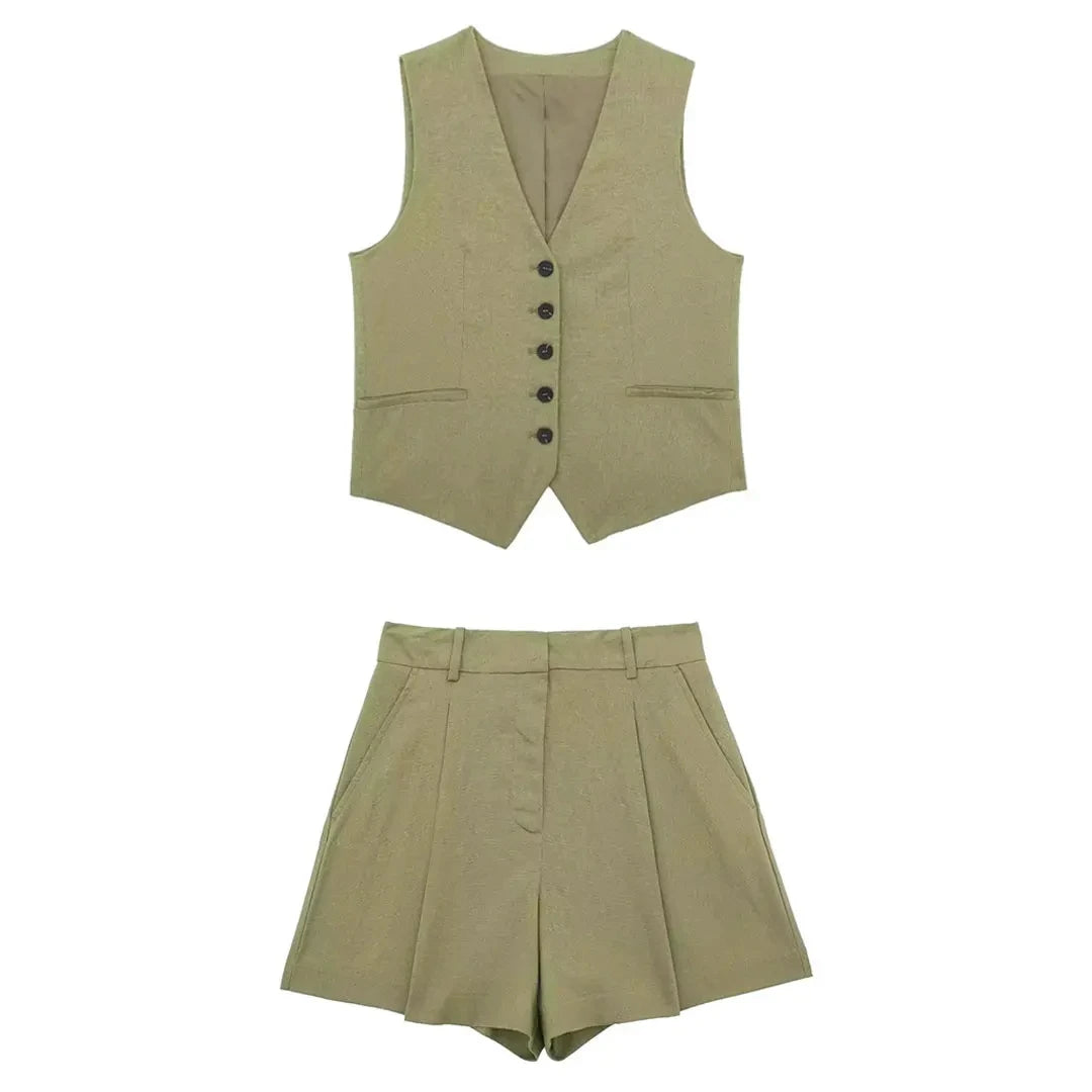 HH 2024 Frauen Mode Rote Weste Shorts Sets Einreiher V-ausschnitt Westen Tops Zipper Fly Hose Frau Sommer Casual solide Anzug