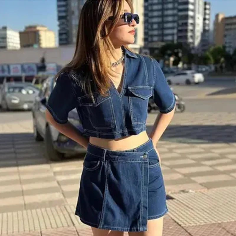 HXAO Asymmetrischer Jeansrock, kurze Sets, zweiteiliges Set für Damen, Sommer-Outfits, bauchfreies Jeanshemd, Anzug, Mini-Culottes-Set mit hoher Taille