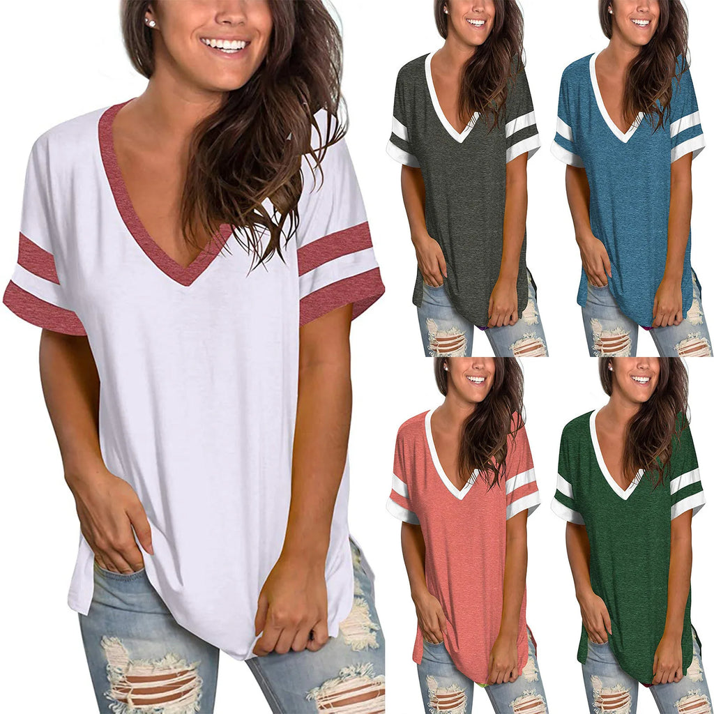 2024 Europa und die Vereinigten Staaten Frühjahr und Sommer neues Damen-Basisshirt einfarbig V-Ausschnitt Spleißen Kurzarm loses T-Shirt