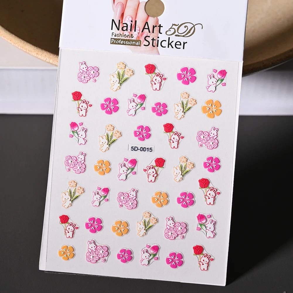 1Pc 5D Geprägte Kawaii Floral Schmetterling Nagel Aufkleber 3D Cartoon Bogen Kaninchen Erdbeere Klebe Aufkleber Urlaub Nagel Sliders