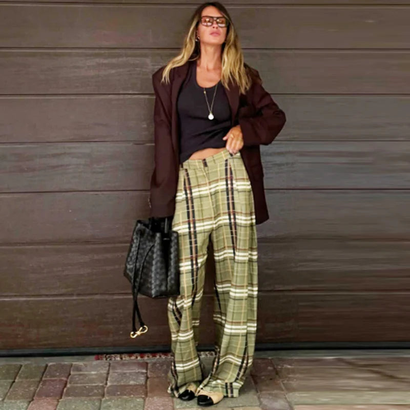 HXAO Karierte Baggy-Hose für Damen, Herbst 2022, Damenmode, Übergröße, hohe Taille, elegante Hose mit weitem Bein, Streetwear-Hose