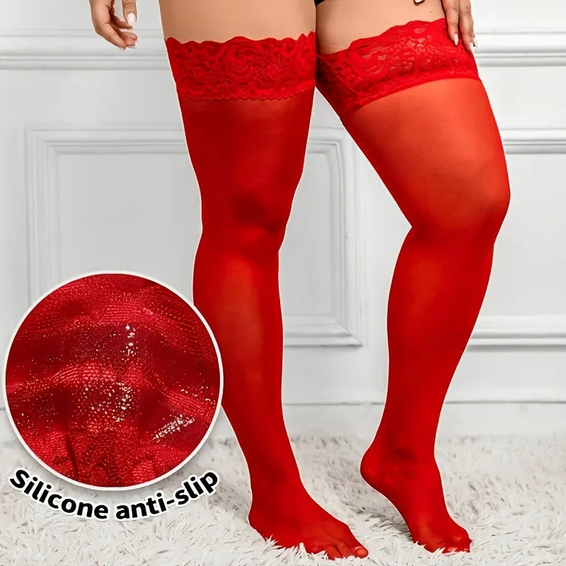 NEUE elastische schwarze Seidenstrümpfe mit Spitze für Damen, rutschfeste, dünne Overknee-Strümpfe, große Größen, Netzstrümpfe, lange Weihnachtsstrümpfe, sexy 3XXL