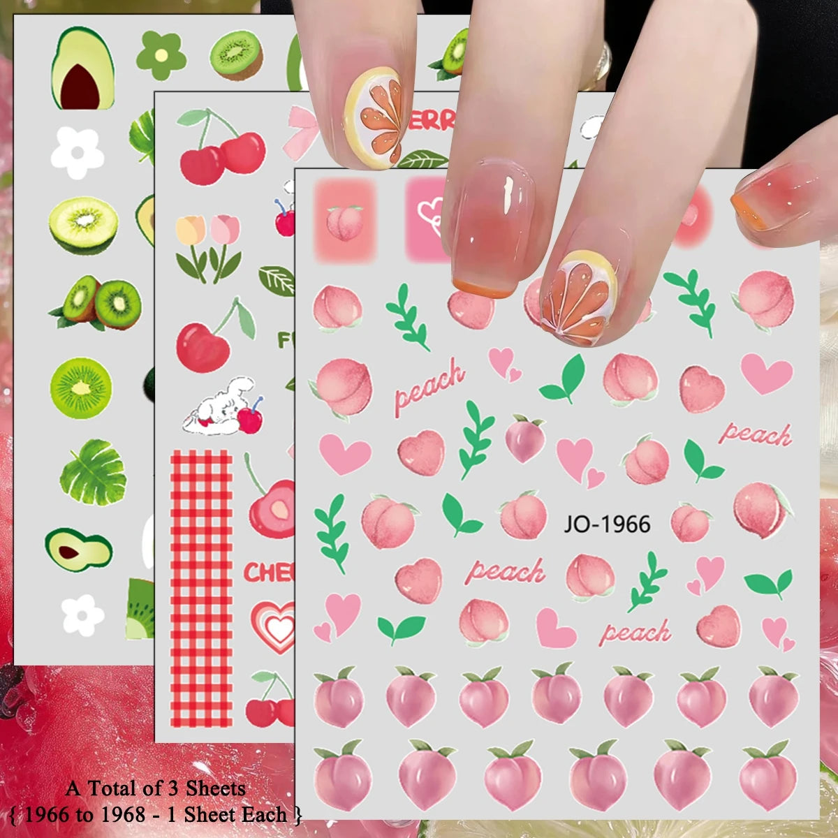 3 bis 12 Blatt 3D-Frucht-Nagelaufkleber Zitrusfrüchte Erdbeere Wassermelone Kirsche Avocado Abziehbilder Selbstklebende Sommer-French-Nagelkunst
