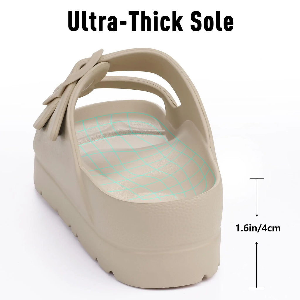 Comwarm Damen-Plateausandalen mit Fußgewölbeunterstützung, Sommer-Strand-Slipper, dicke Sohlen, flache Slip-On-Sandalen mit verstellbarer Schnalle