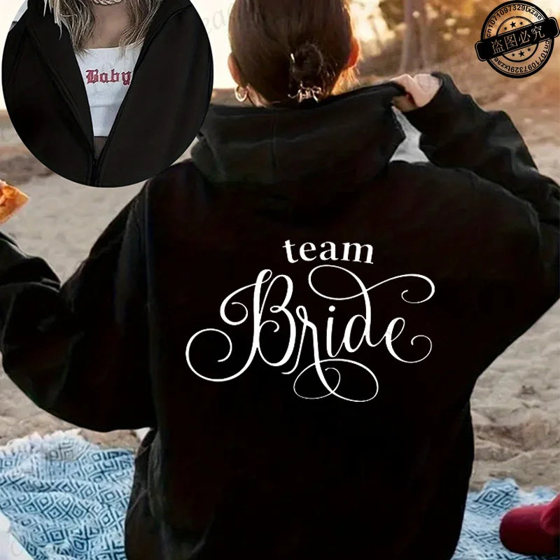 Lustiger Tem Bride Print Damen Kapuzenpullover mit Reißverschluss, Junggesellenabschied, personalisiertes Sweatshirt, Pullover, Kapuzenpullover, Cerveza Sportwear