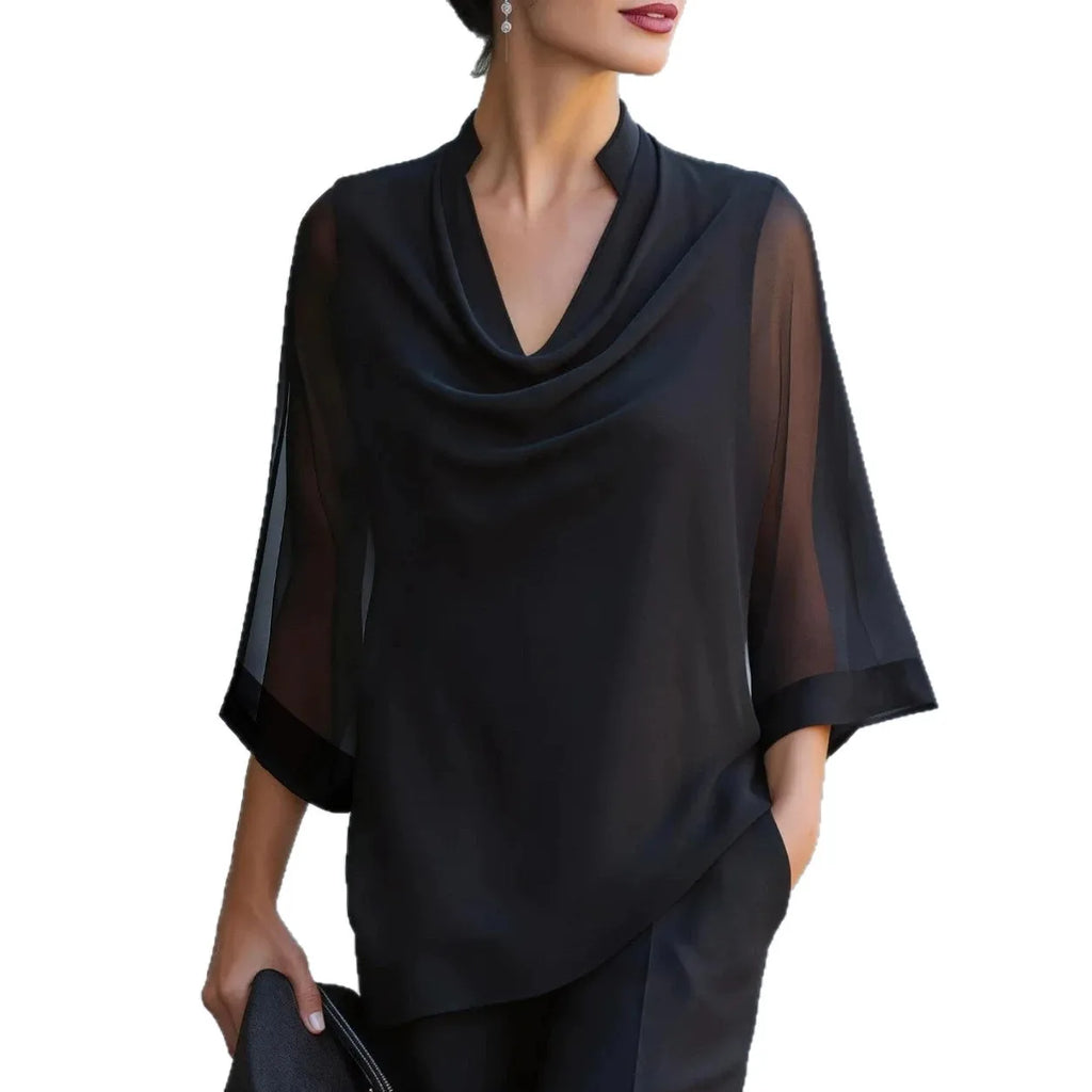 Dreiviertel-Ärmel Transparente Satin-Bluse Locker Geschnittener Asymmetrischer Saum Elegante Bürokleidung Damen Freizeithemd