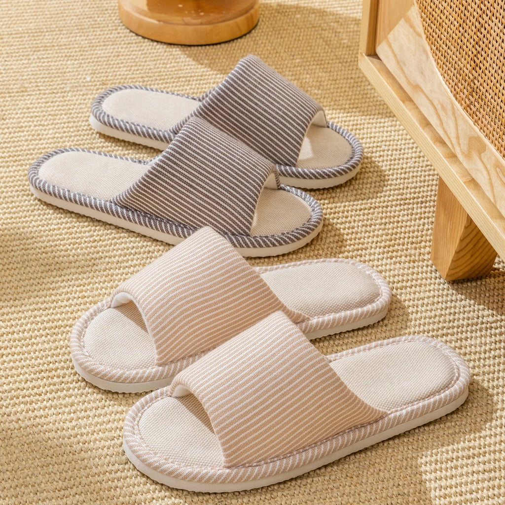Herren Rutschfeste Leinen-Hausschuhe für Frühling und Sommer, Atmungsaktive Innenraumschuhe mit Offener Zehenpartie und Rutschfestem Streifendesign