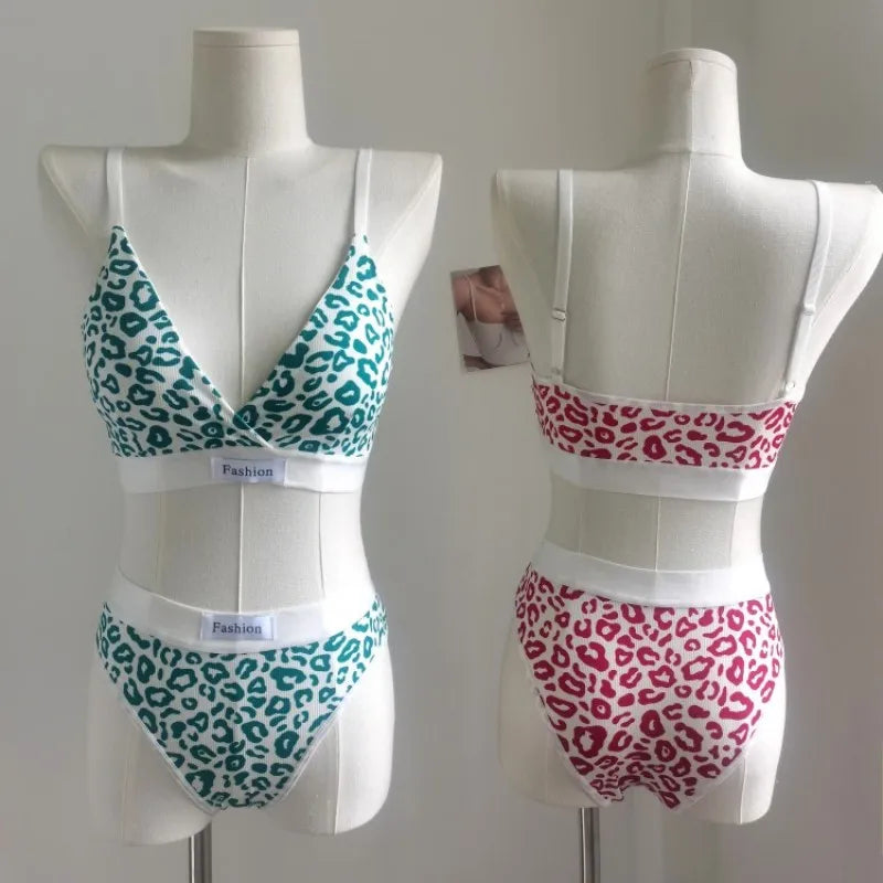 Frauen Push-Up-Bh Und Höschen Set V-ausschnitt Nicht-draht Bh Niedrige Taille Slips Weibliche Sexy Dessous Baumwolle Leopard print Unterwäsche Set