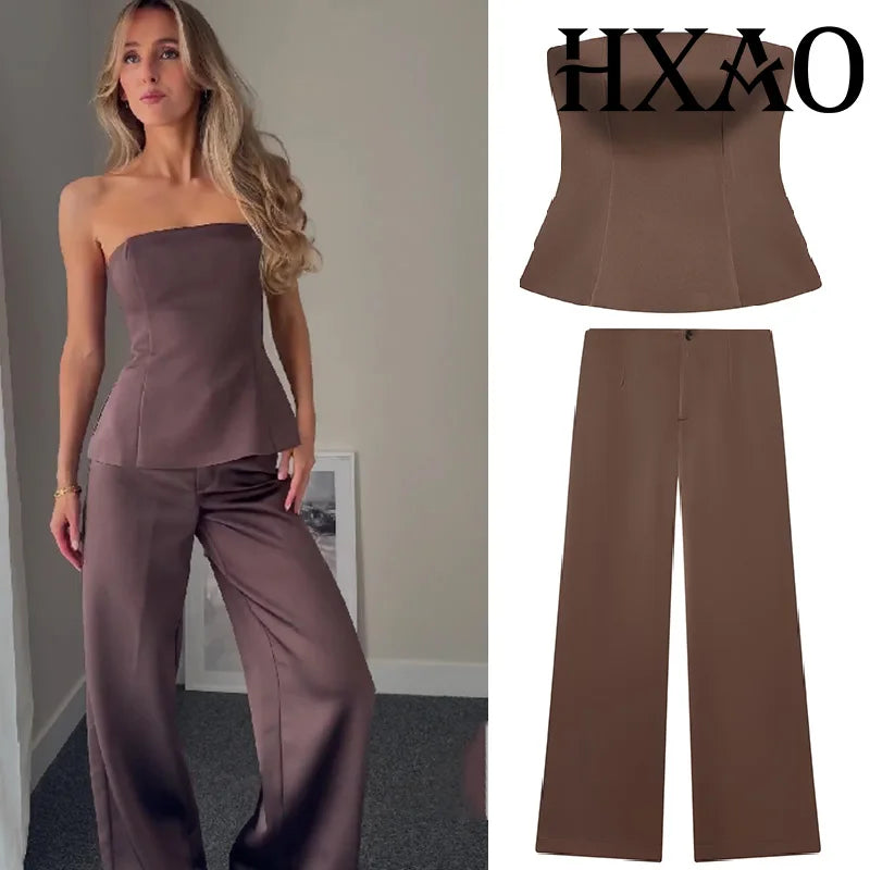 HXAO Satin-Hosen-Sets für Damen, zweiteiliges Set, Baggy-Hosen mit weitem Bein, Damen-Sets, trägerloses Röhrenoberteil, Anzughose, 2-teilige Sets