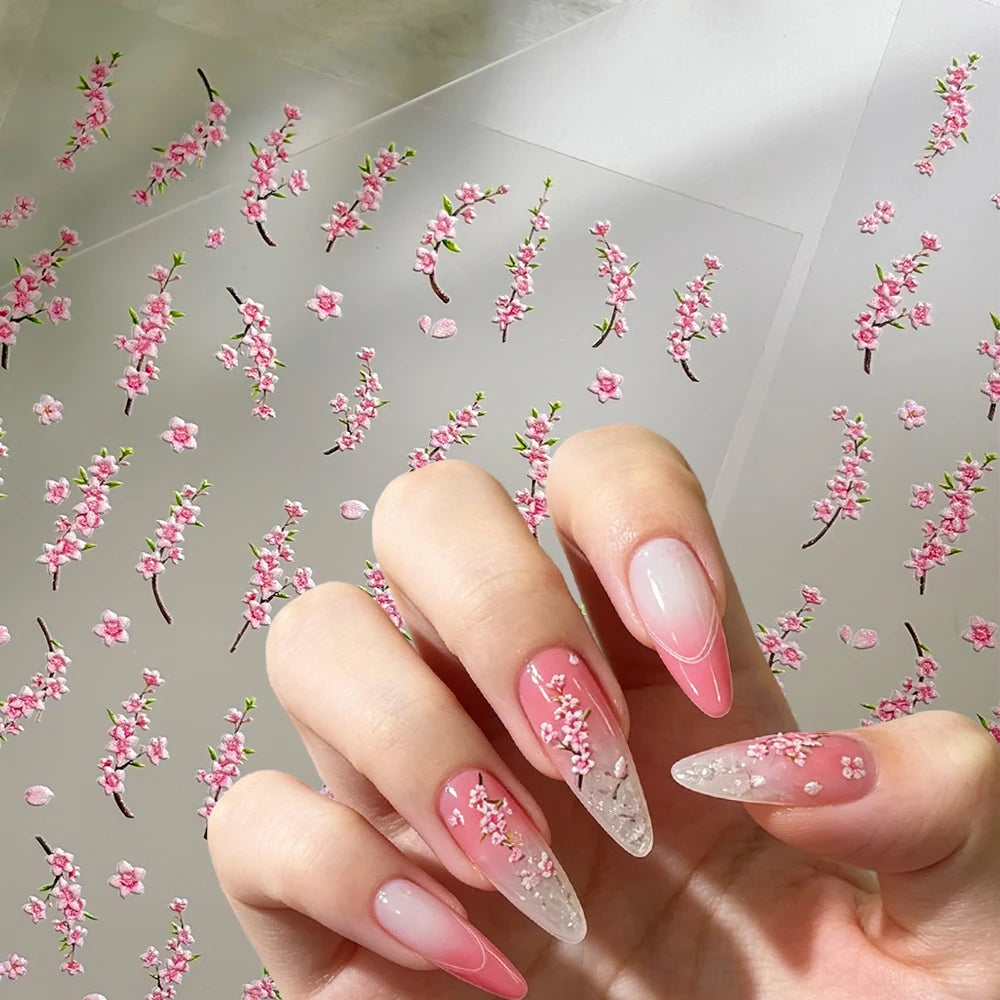 1 Stück Pfirsichblüten-Nagelkunst-Aufkleber, 5D geprägte japanische rosa Kirschblüten-Klebe-Nagelsticker, Frühlings-Blumen-Nageldekor