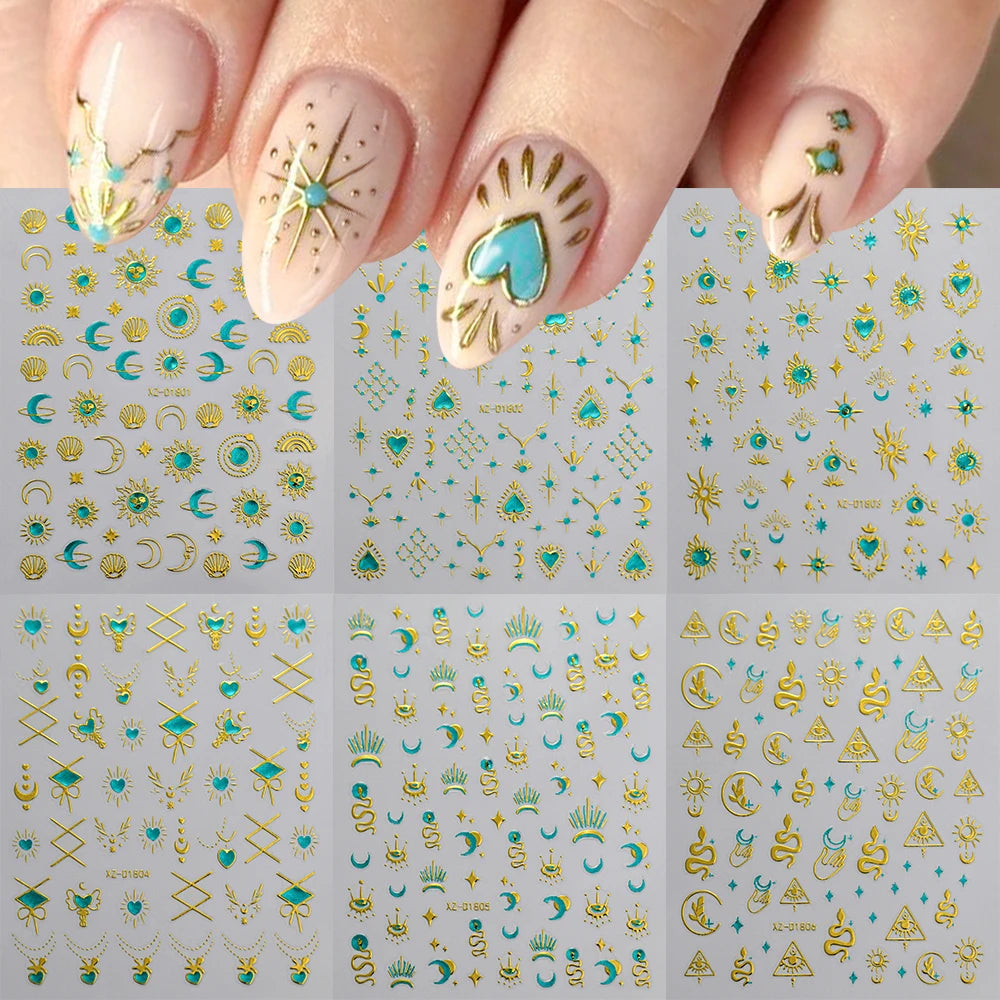 6 Stück 3D Blaue Herz-Nagelaufkleber Bronzierte Gold Silber Stern Mond Sonne Selbstklebende Slider Y2K Nagelkunst Abziehbilder Maniküre Dekoration