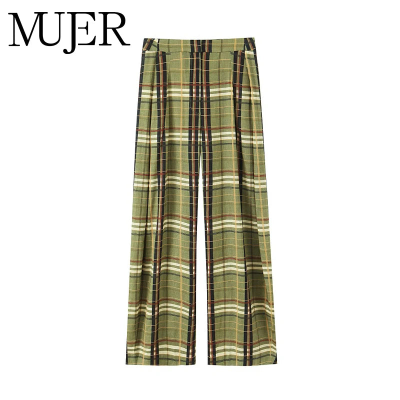 MUJER Karierte Hose mit weitem Bein für Damen, mittlere Taille, lockere Hose, Damen-Streetwear, lässige Damenhose, Urlaub, Vintage-Hose für Damen