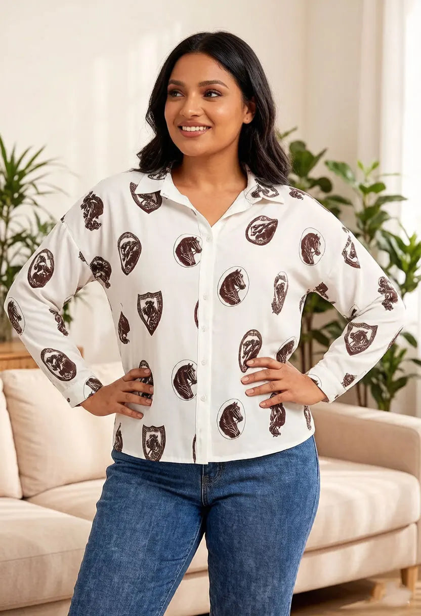 Damen Vintage Bluse mit Pferdemuster Langarm Satin-Hemd Lässiger V-Ausschnitt Knopfleiste Elegantes Büro-Arbeitskleidung