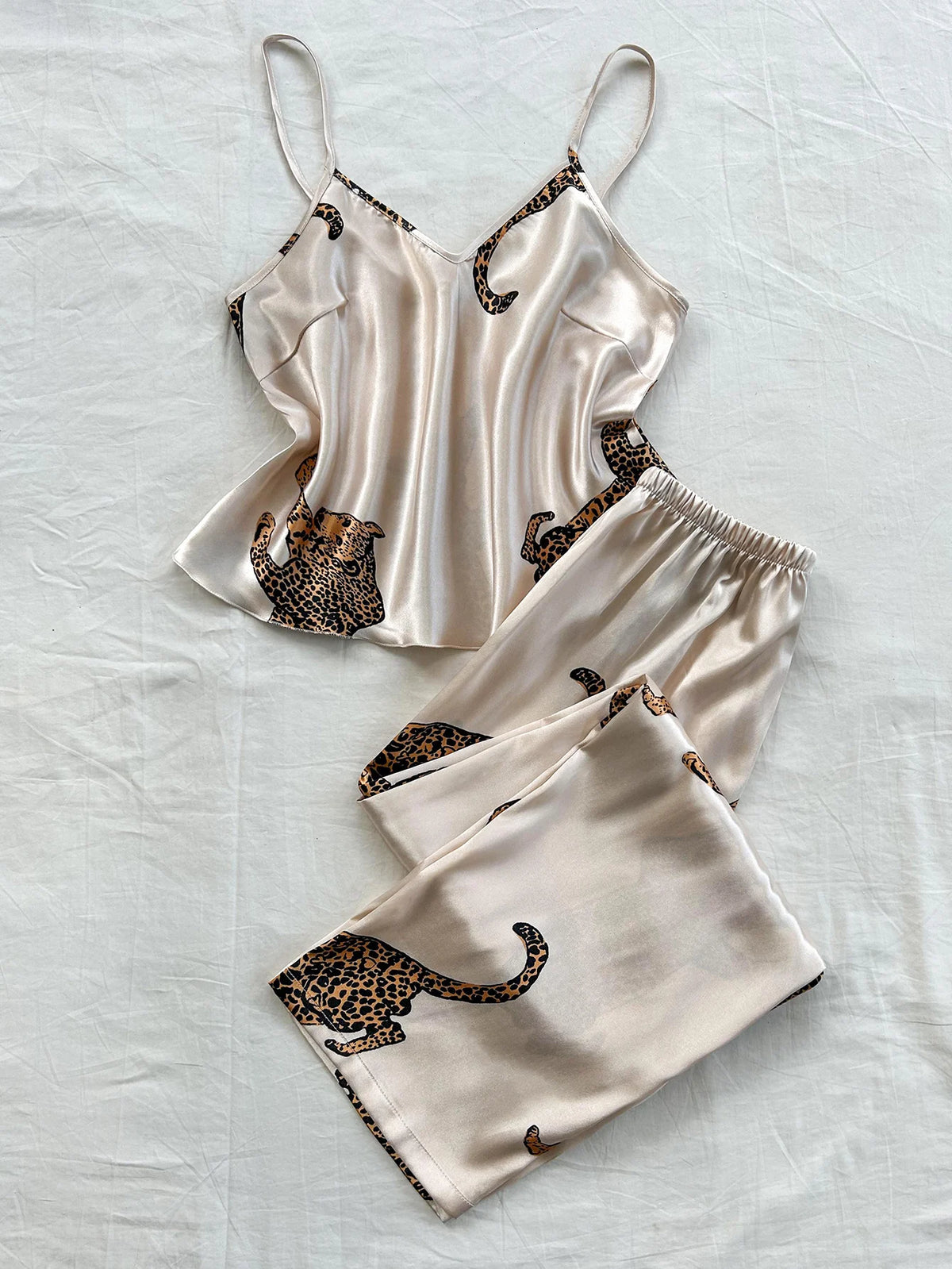 Bequemes, modisches 2-teiliges Pyjama-Set mit Hosenträgern und langen Hosen mit V-Ausschnitt und Leopardenmuster