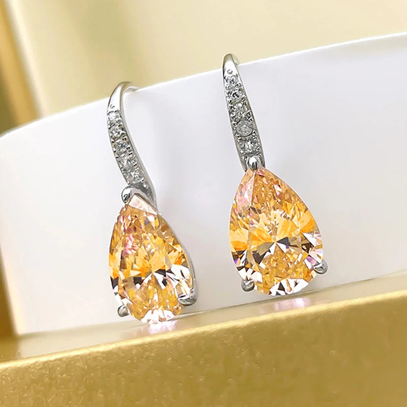 Huitan Rosa/Gelb Birne Zirkonia Ohrringe Frauen Silber Farbe Mode Elegante Weibliche Piercing Zubehör Romantische Schmuck