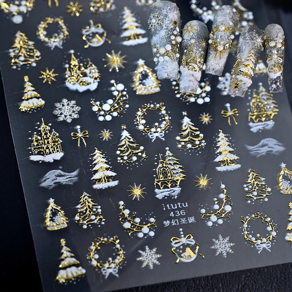 1 Stück 5D Dazzling Christmas Nail Art Aufkleber Gold/Rosa/Blau/Lila Weihnachtsbaum Schneekranz Nagelaufkleber Charmante Weihnachten Nageldeko