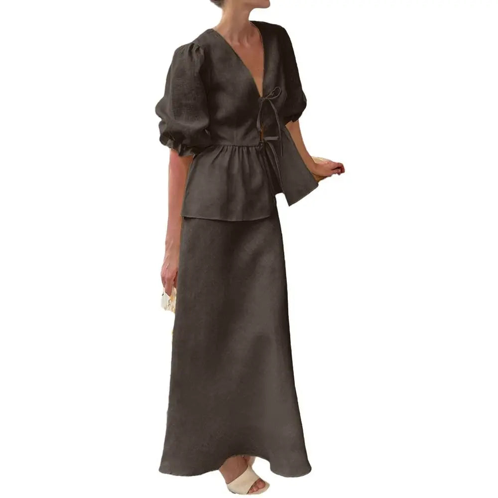Modisches V-Ausschnitt Damen Baumwollkleid Set mit Schnürung, lockerem langen Rock und Puffärmel-Shirt – Lässiges Zweiteiler-Kleid für Damen