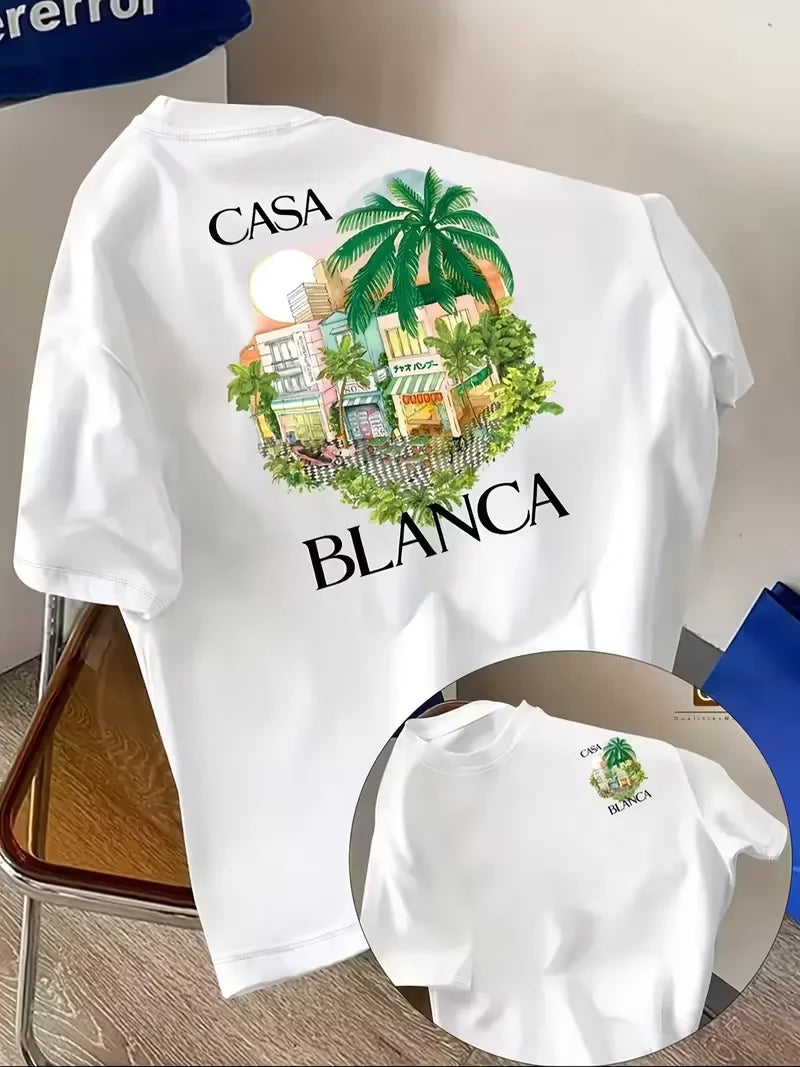 Casablanca Aesthetic Y2K Architectural Graphic Unisex Casual Rundhals Kurzarm Sommer Neutral Streetwear Y2K Kleidung ﻿
