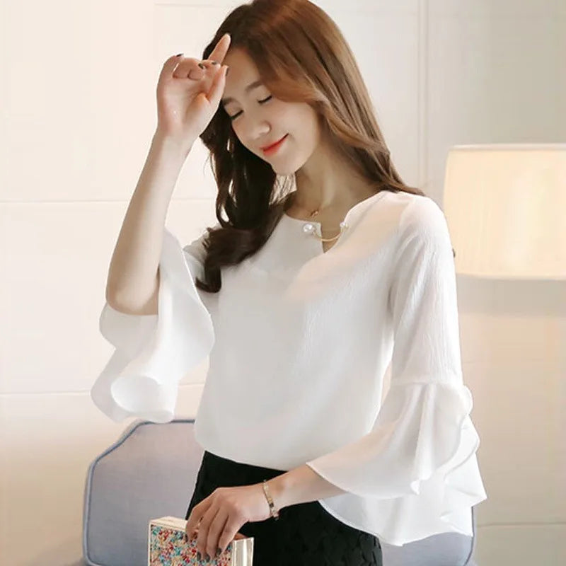 Frauen Chiffon Rüschen Bluse Flare Hülse Hemd Frauen Rundhals Casual Frauen Sommer Tops Und Blusen