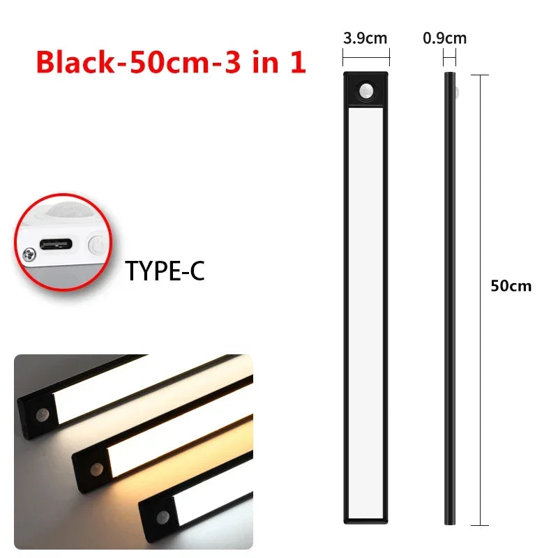 10–60 cm Bewegungsmelder unter dem Schrank, kabelloses, wiederaufladbares USB-Nachtlicht, 3 Farben, Schranklampe für den Innenbereich, Schlafzimmerbeleuchtung
