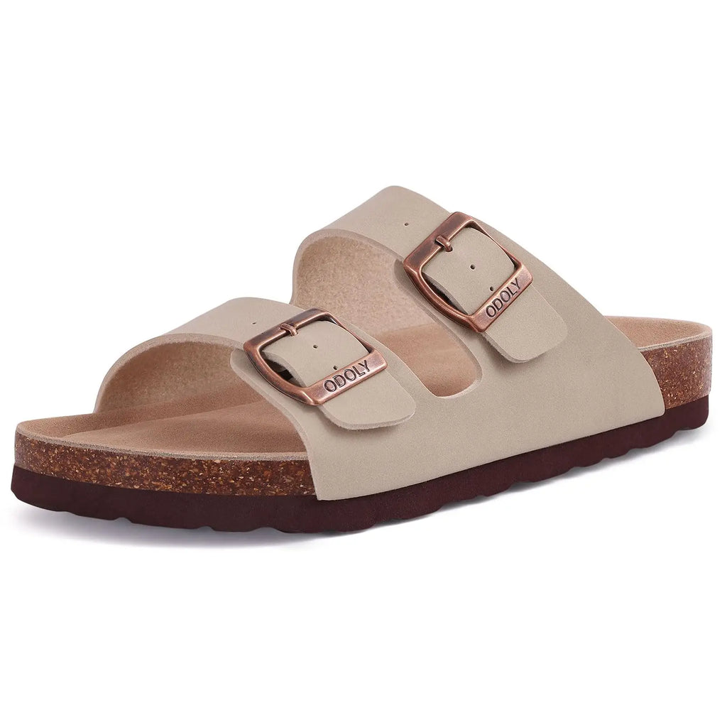 Crestar Damen-Hausschuhe mit Korkfußbett, Sommer-Paar, verstellbare Doppelschnallen, flache Sandalen, Outdoor-Kork-Strandrutschen mit offener Spitze