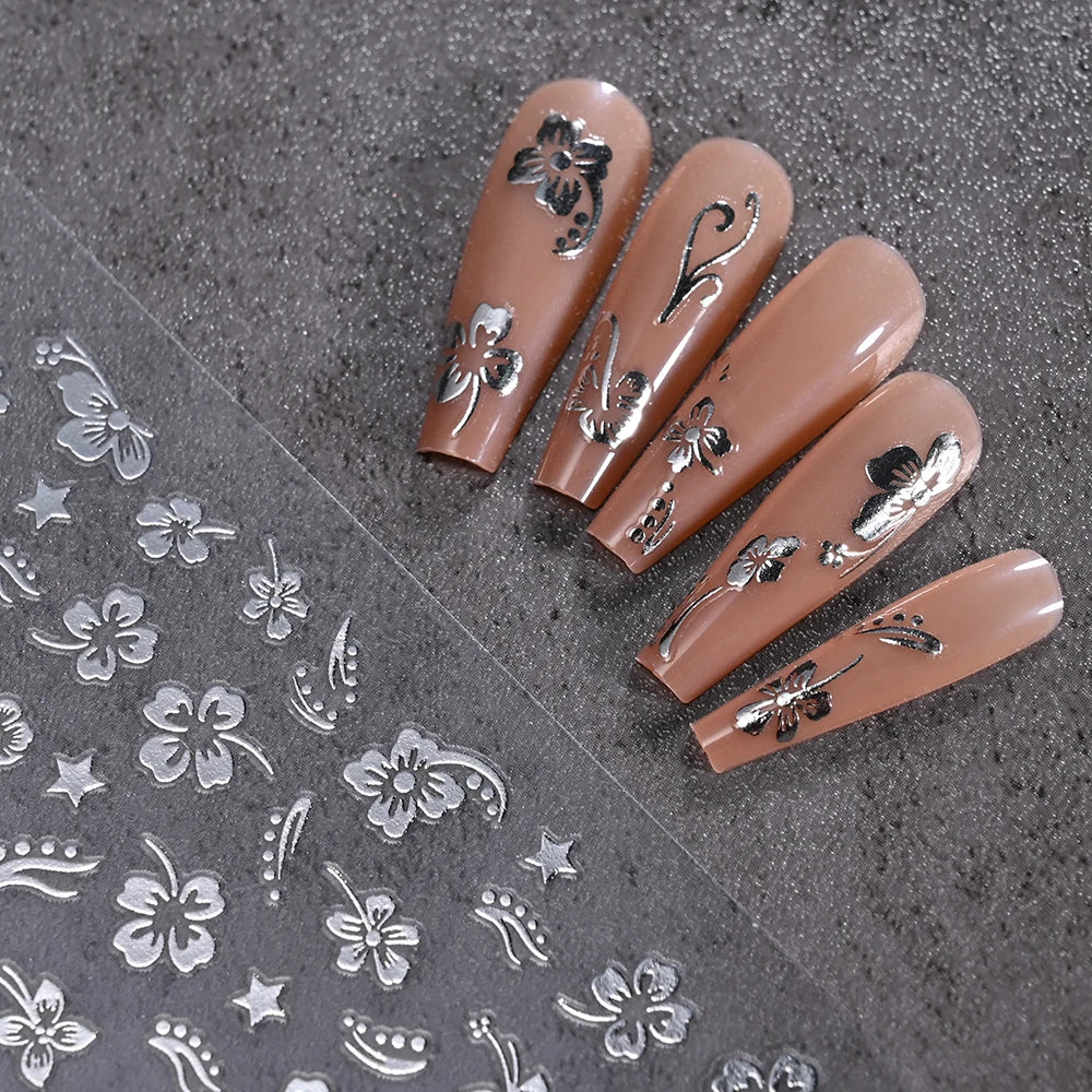 1 Stück 3D weiße Hibiskusblüten-Nagelkunst-Aufkleber, 8 Farben, hohle Blütenblätter, Blumen-Nagelaufkleber, exquisiter Gold-/Silber-/Schwarz-Blumenschieber